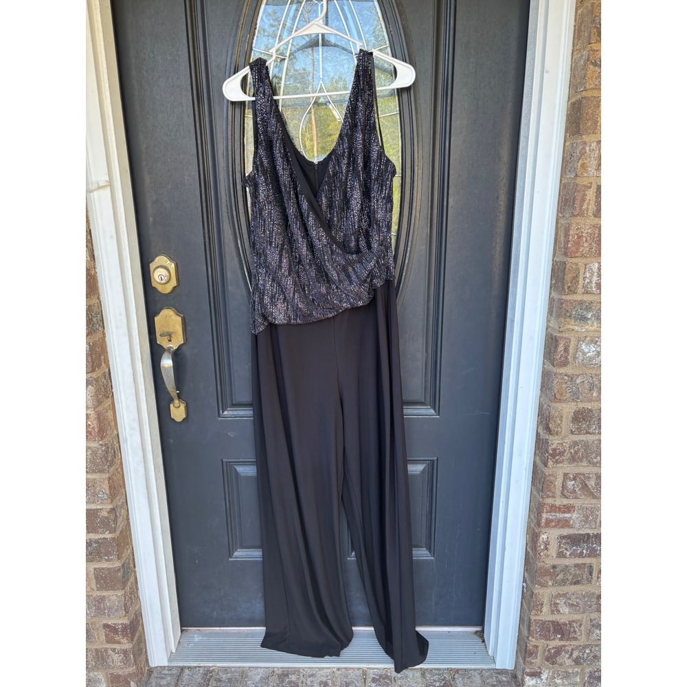 Anne Klein Womens Black Silver Metallic Sleeveless Wide Leg Jumpsuit 16 Evening